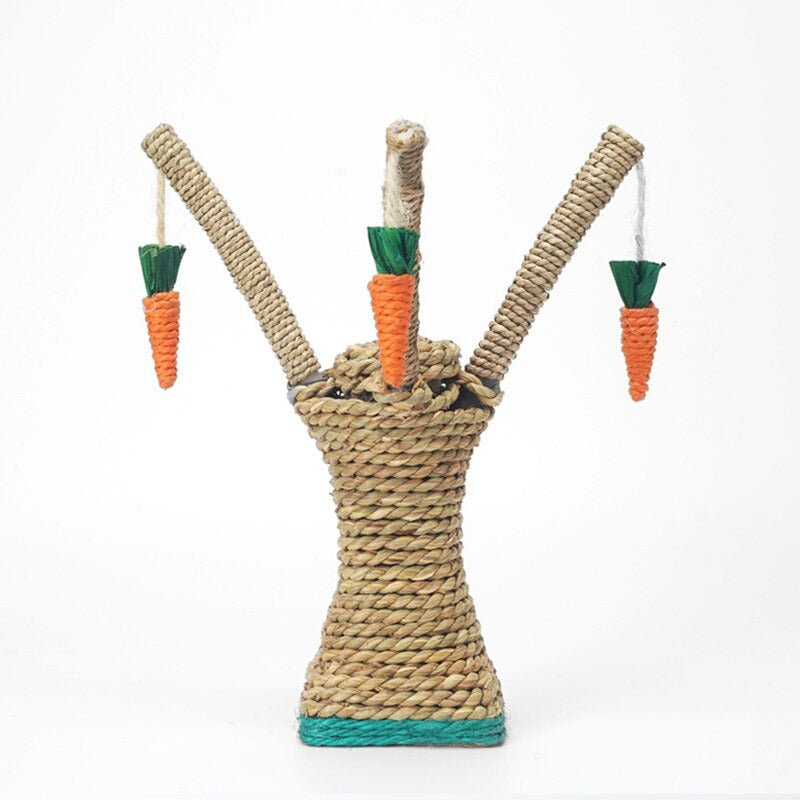 Woven cat scratching post with three sisal rope branches, each adorned with a dangling carrot toy. Ideal for pet play and claw maintenance.