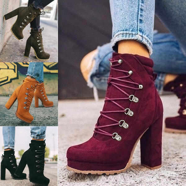 Women's high-heeled lace-up ankle boots in burgundy, tan, and black suede, featuring chunky heels and metal eyelets, perfect for fall fashion.