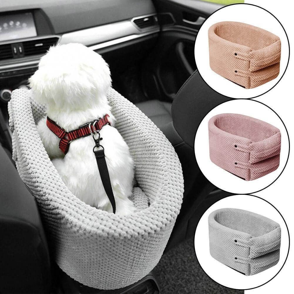 Dog car seat with safety harness in a vehicle, featuring three color options: beige, pink, and gray. Ideal for pet travel safety and comfort.