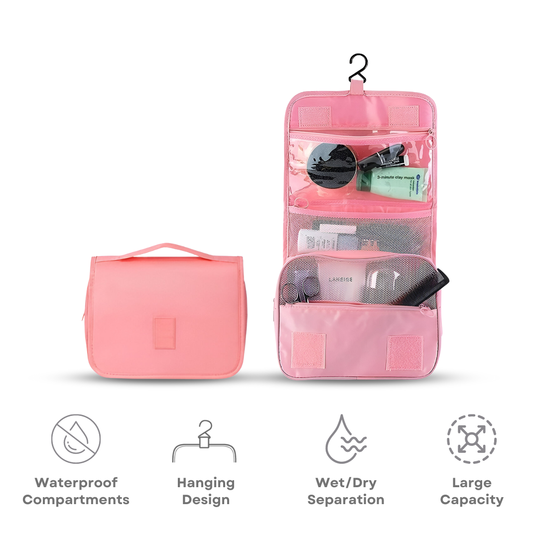 Pink hanging travel wash bag with waterproof compartments, wet/dry separation, and large capacity. Ideal for organized travel and toiletries storage.