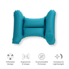 Inflatable travel back support pillow in ergonomic H-shape, teal color, customizable firmness, compact and lightweight design for comfort on-the-go.