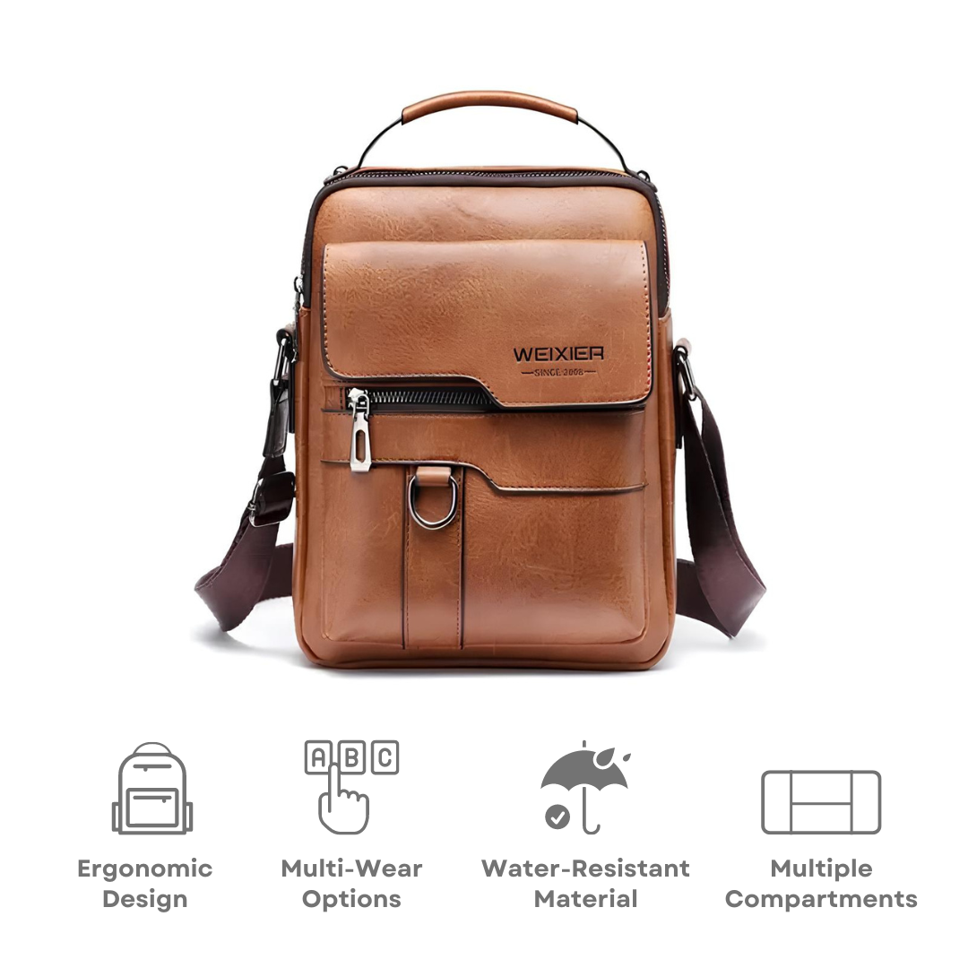 Anti-theft leather sling bag with ergonomic design, multi-wear options, water-resistant material, and multiple compartments. Ideal for secure travel.