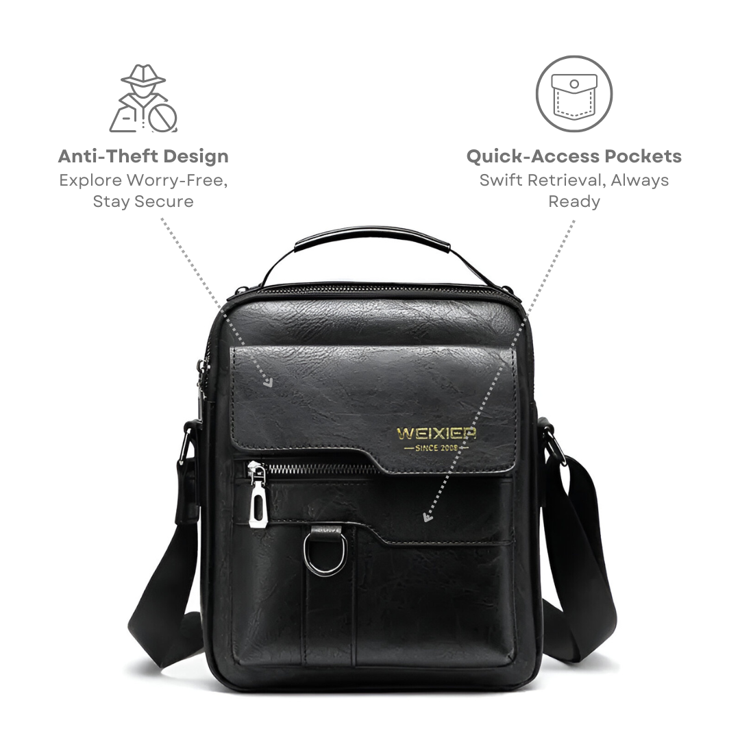 Anti-theft leather sling bag with quick-access pockets, secure design, adjustable strap, and sleek black finish. Ideal for travel and daily use.