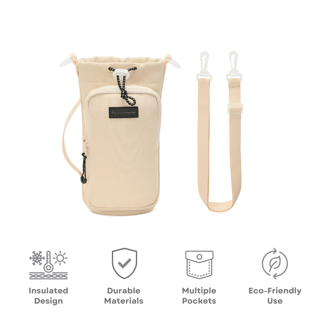 Insulated crossbody bottle carrier bag in beige with adjustable strap, durable materials, multiple pockets, eco-friendly design. Perfect for travel.