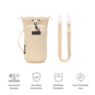 Insulated beige crossbody bottle carrier bag with adjustable strap, durable materials, multiple pockets, eco-friendly design. Perfect for travel.