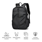 Sleek black water-resistant backpack with USB charging port, multiple pockets, and durable construction. Ideal for travel and daily use.