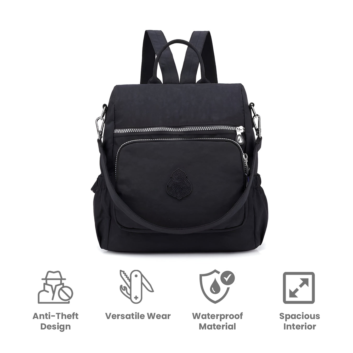 Versatile black anti-theft crossbody backpack with spacious interior, waterproof material, and multiple compartments for secure travel and daily use.