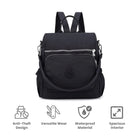 Versatile black anti-theft crossbody backpack with spacious interior, waterproof material, and multiple compartments for secure travel and daily use.