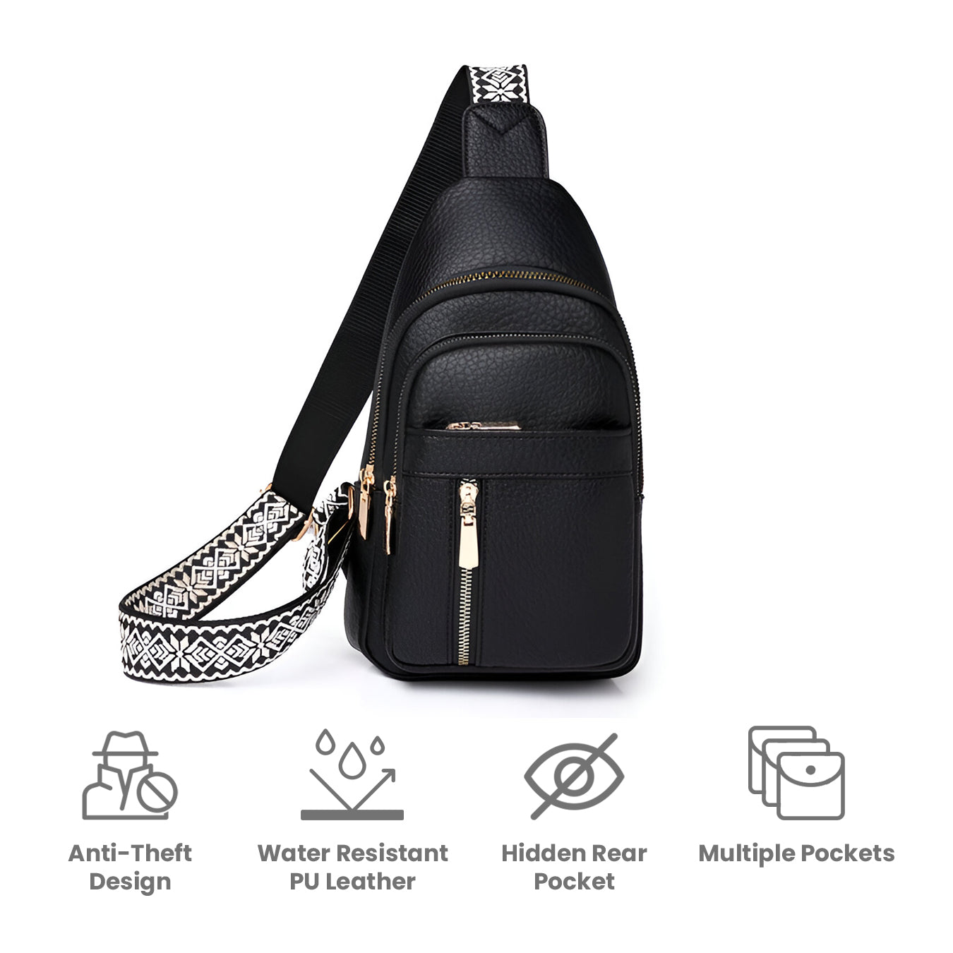 Black casual anti-theft crossbody bag with water-resistant PU leather, hidden rear pocket, multiple pockets, and patterned strap.