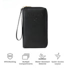 RFID blocking travel passport holder in black leather with wrist strap, featuring multiple compartments, water-resistant material, and quick-access layout.