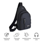 Black travel sling bag with waterproof material, telescopic handle, multifunctional pockets, and headphone jack. Ideal for travel and daily use.