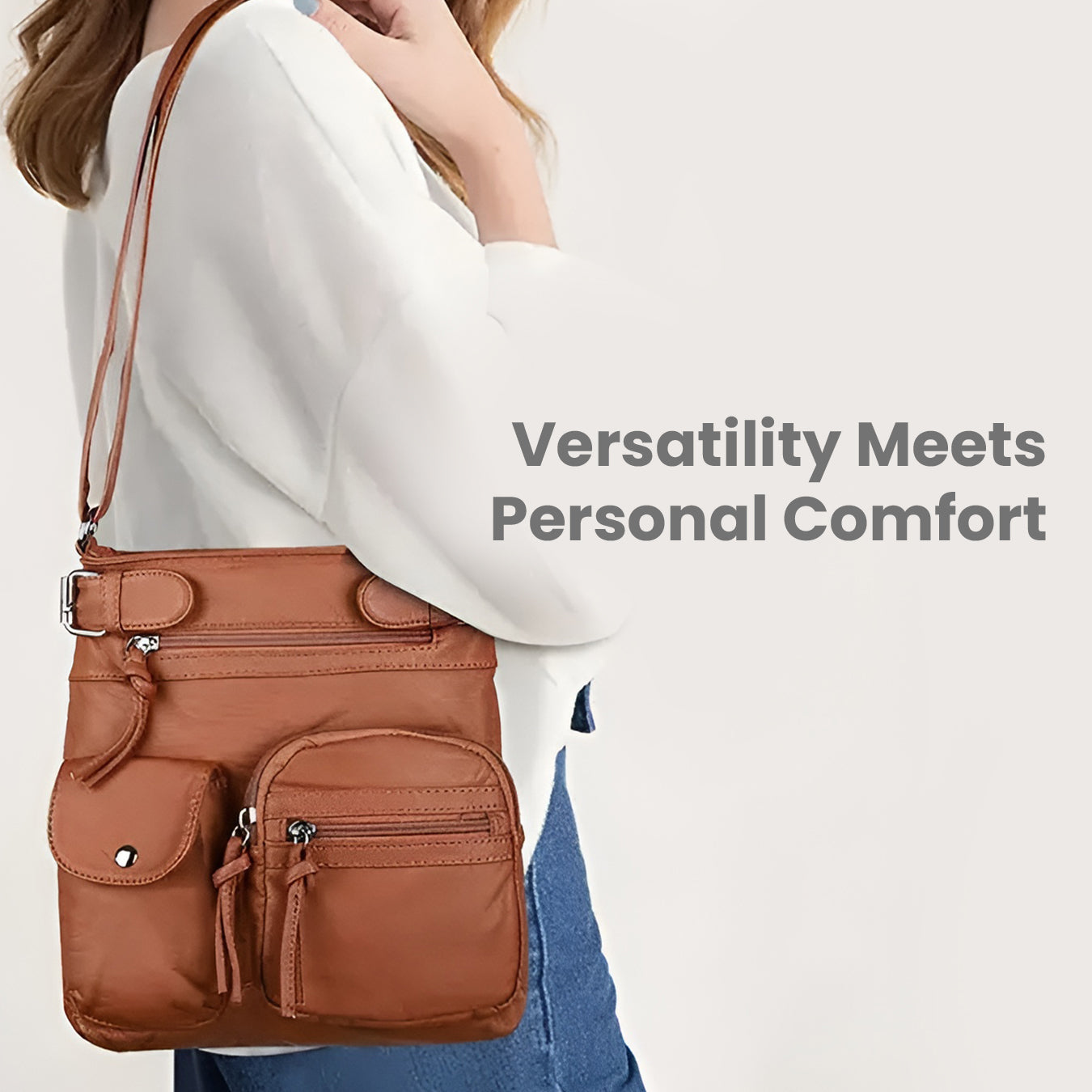 Women's multi-pocket leather shoulder bag in tan, featuring adjustable strap and multiple compartments, ideal for versatile and stylish everyday use.