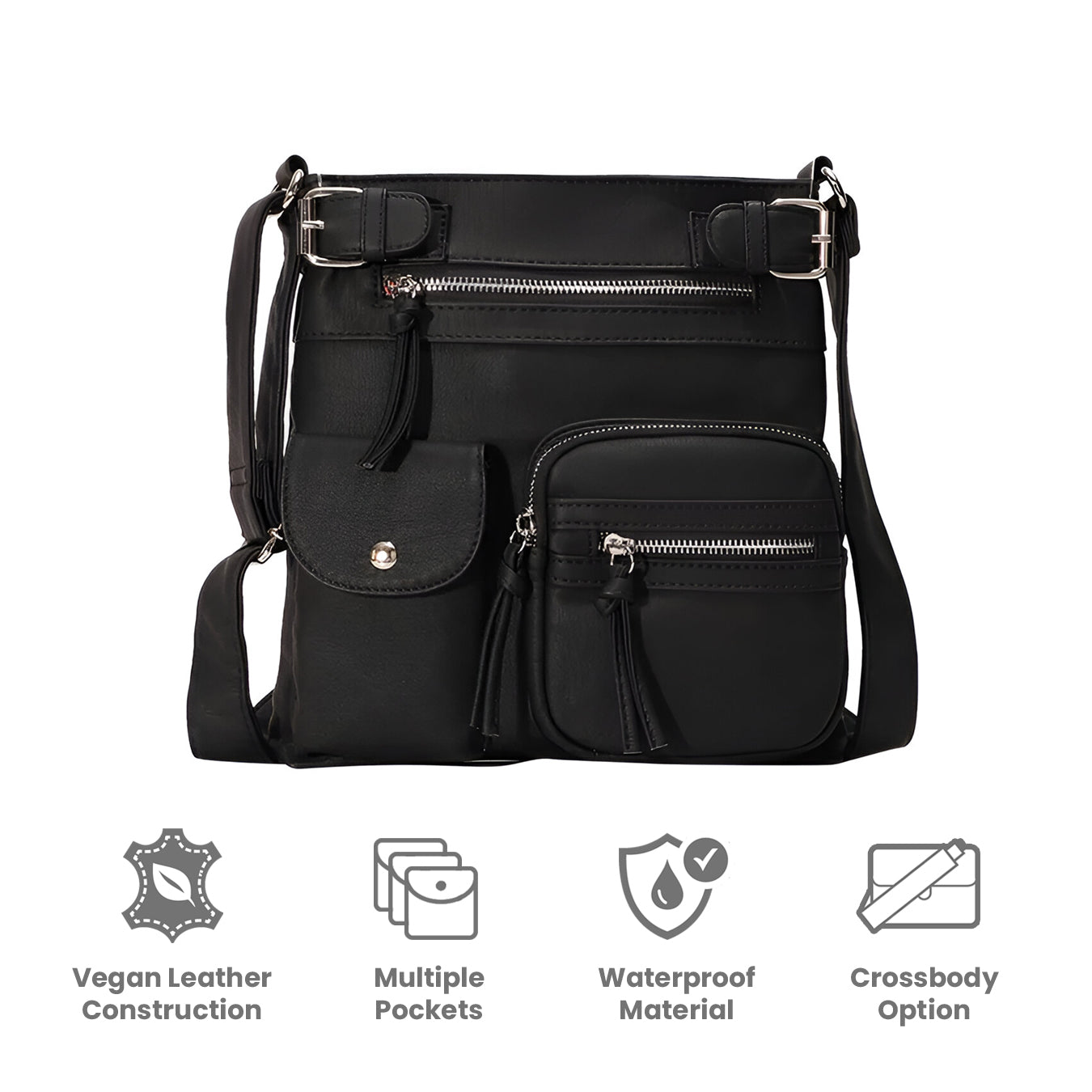 Women's black vegan leather shoulder bag with multiple pockets, waterproof material, and crossbody option. Ideal for stylish, practical use.