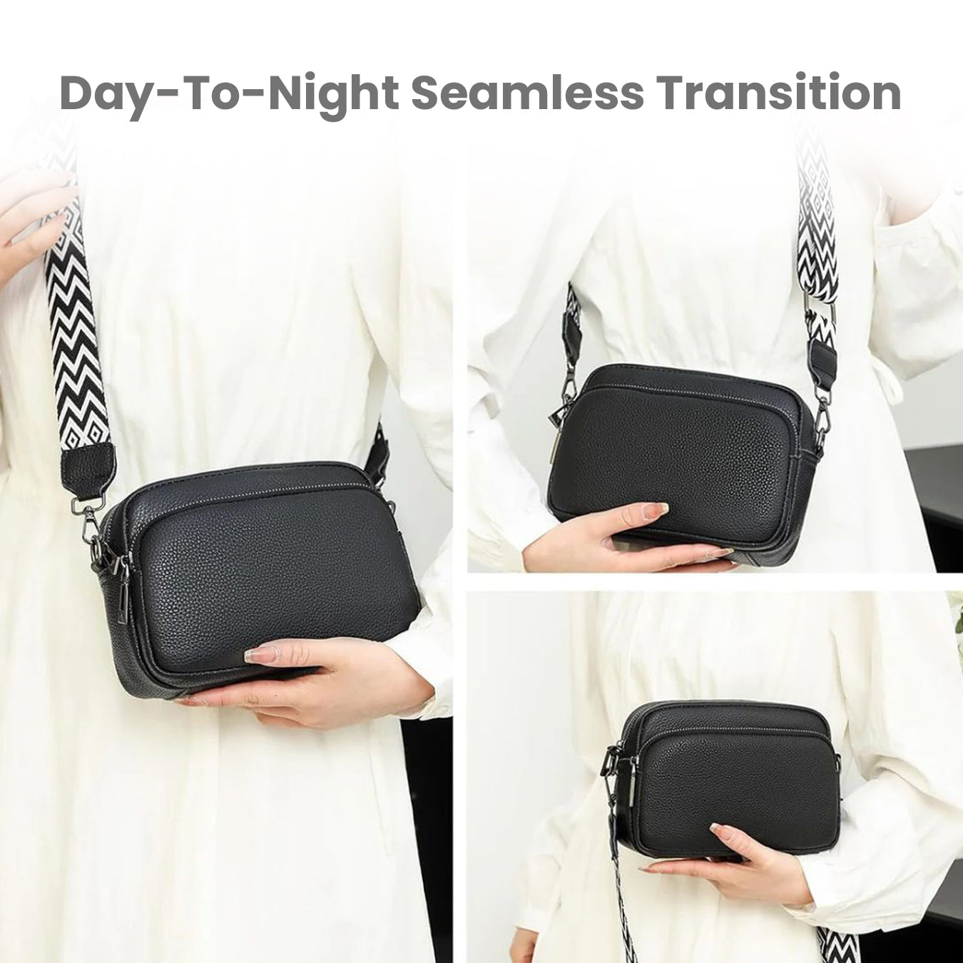 Black leather crossbody bag with adjustable zigzag strap, showcased in three views. Perfect for day-to-night transition. Fashionable and versatile accessory.