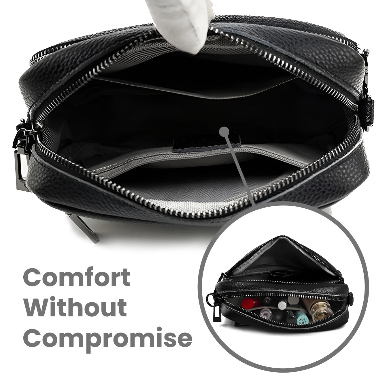 Chic black leather crossbody bag with spacious interior, multiple compartments, and secure zippers. Perfect for stylish, organized everyday use.