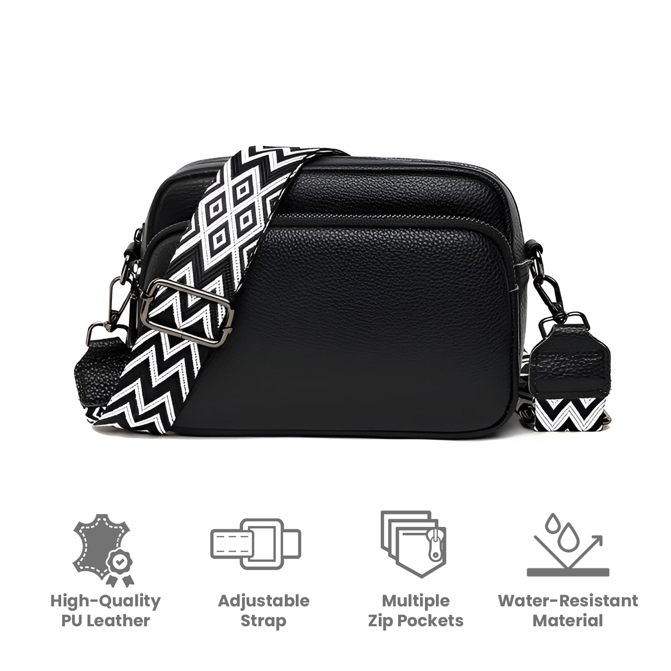 Black leather crossbody bag with adjustable geometric strap, multiple zip pockets, and water-resistant material. High-quality PU leather handbag.