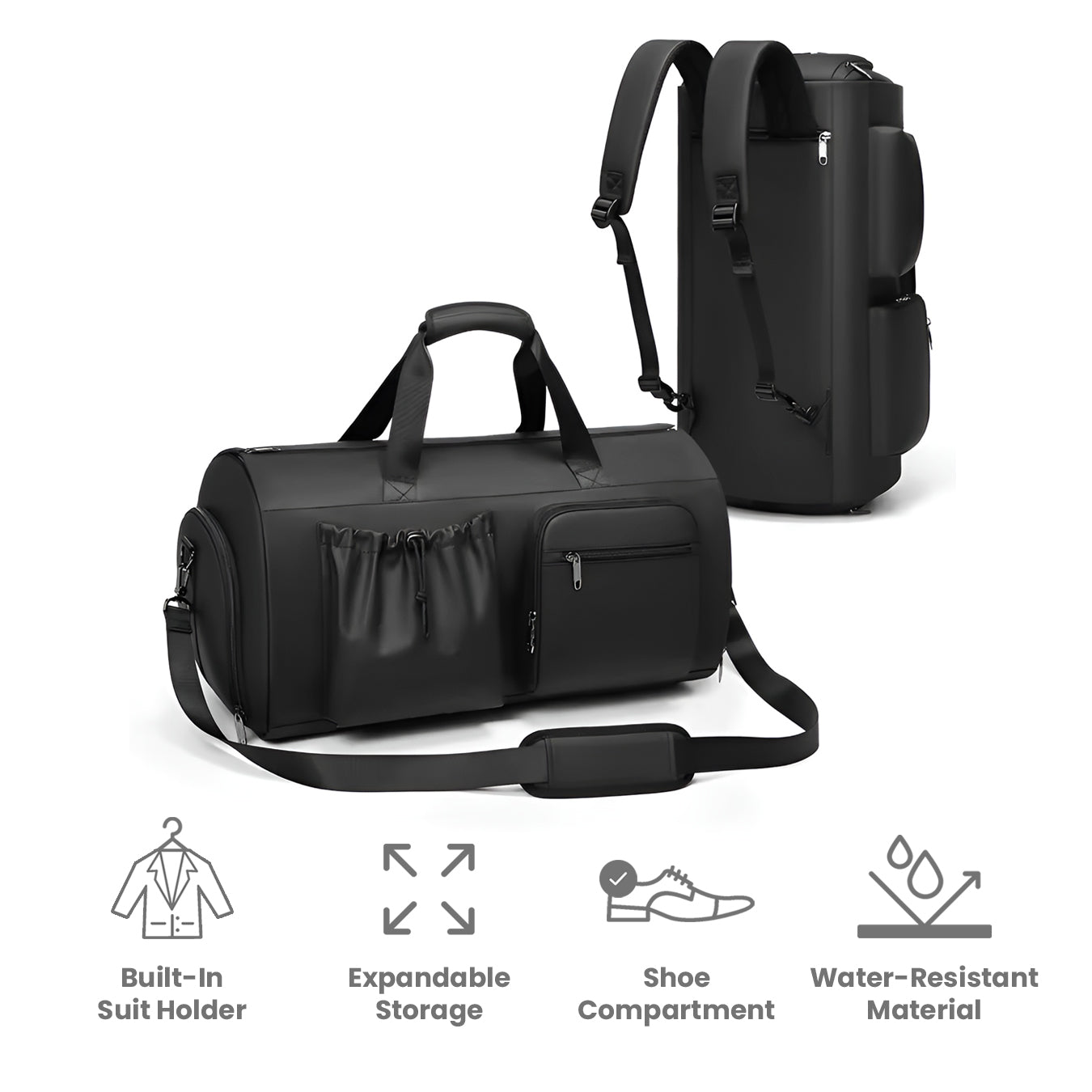 Men's black oxford garment duffle bag with built-in suit holder, expandable storage, shoe compartment, and water-resistant material.