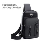 Men's anti-theft chest bag in sleek black design with multiple zippers, adjustable strap, and secure pockets. Ideal for travel and daily use.