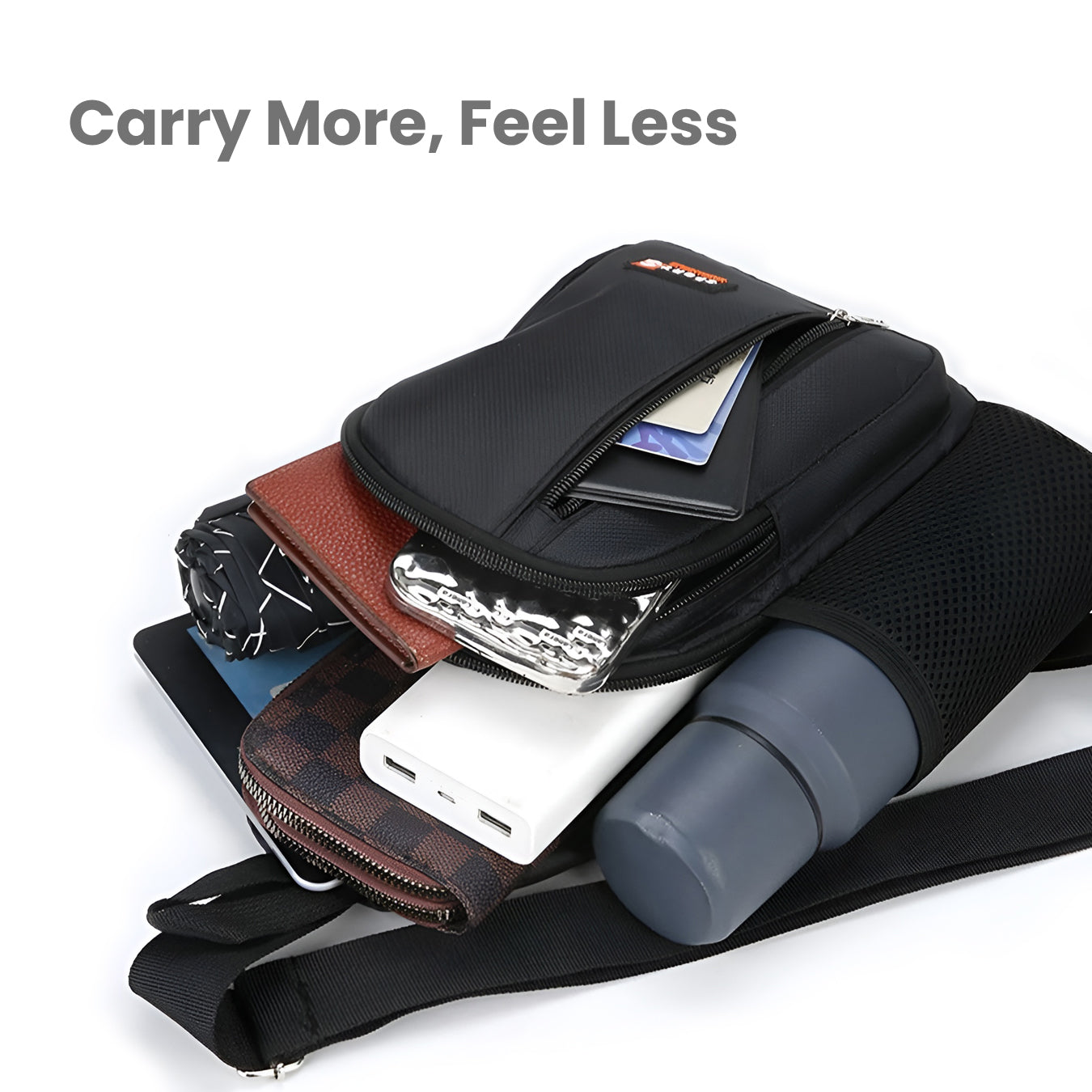 Water bottle carrier chest bag with multiple compartments, holding a water bottle, power bank, wallet, and phone. Ideal for travel and outdoor activities.