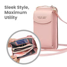 Pink crossbody clutch bag with multiple compartments, sleek design, and maximum utility. Ideal for organizing essentials. Fashionable and functional accessory.