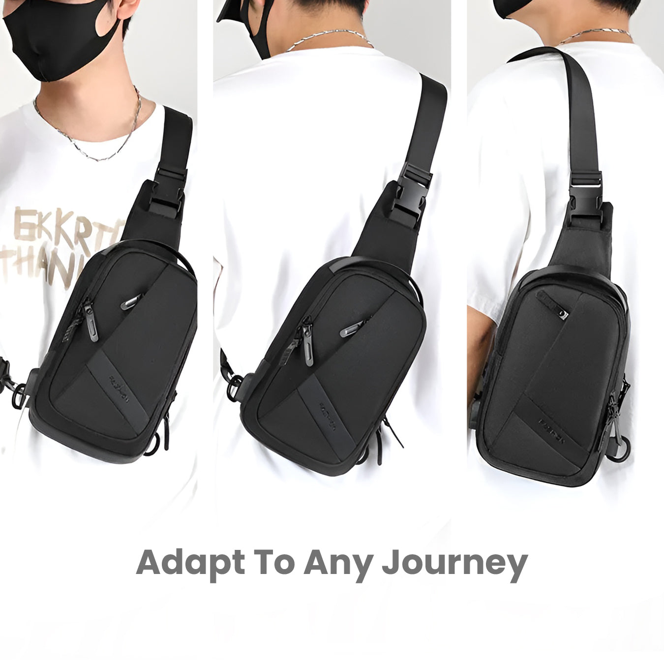 Sleek black crossbody chest bag with adjustable strap, multiple compartments, and USB charging port. Ideal for travel, urban style, and convenience.