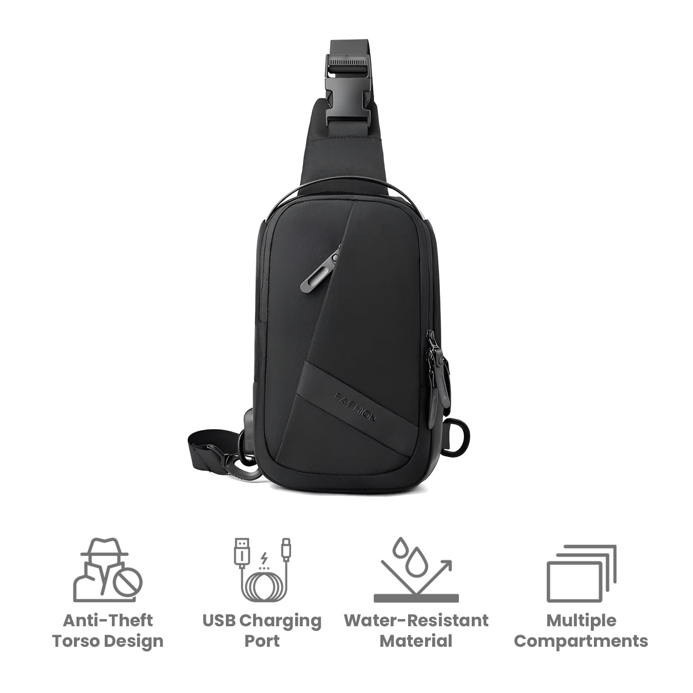 Sleek black anti-theft chest bag with USB charging port, water-resistant material, and multiple compartments. Ideal for secure, stylish travel.