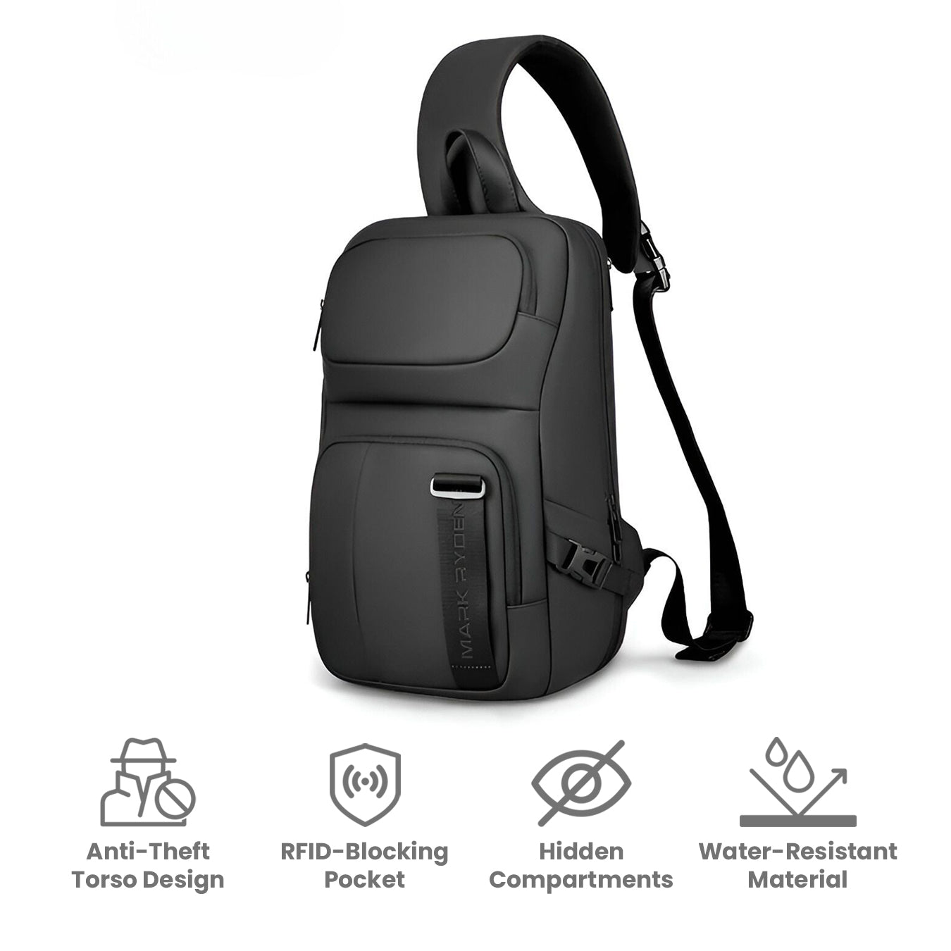 Sleek black tech vault crossbody bag with anti-theft design, RFID-blocking pocket, hidden compartments, and water-resistant material.