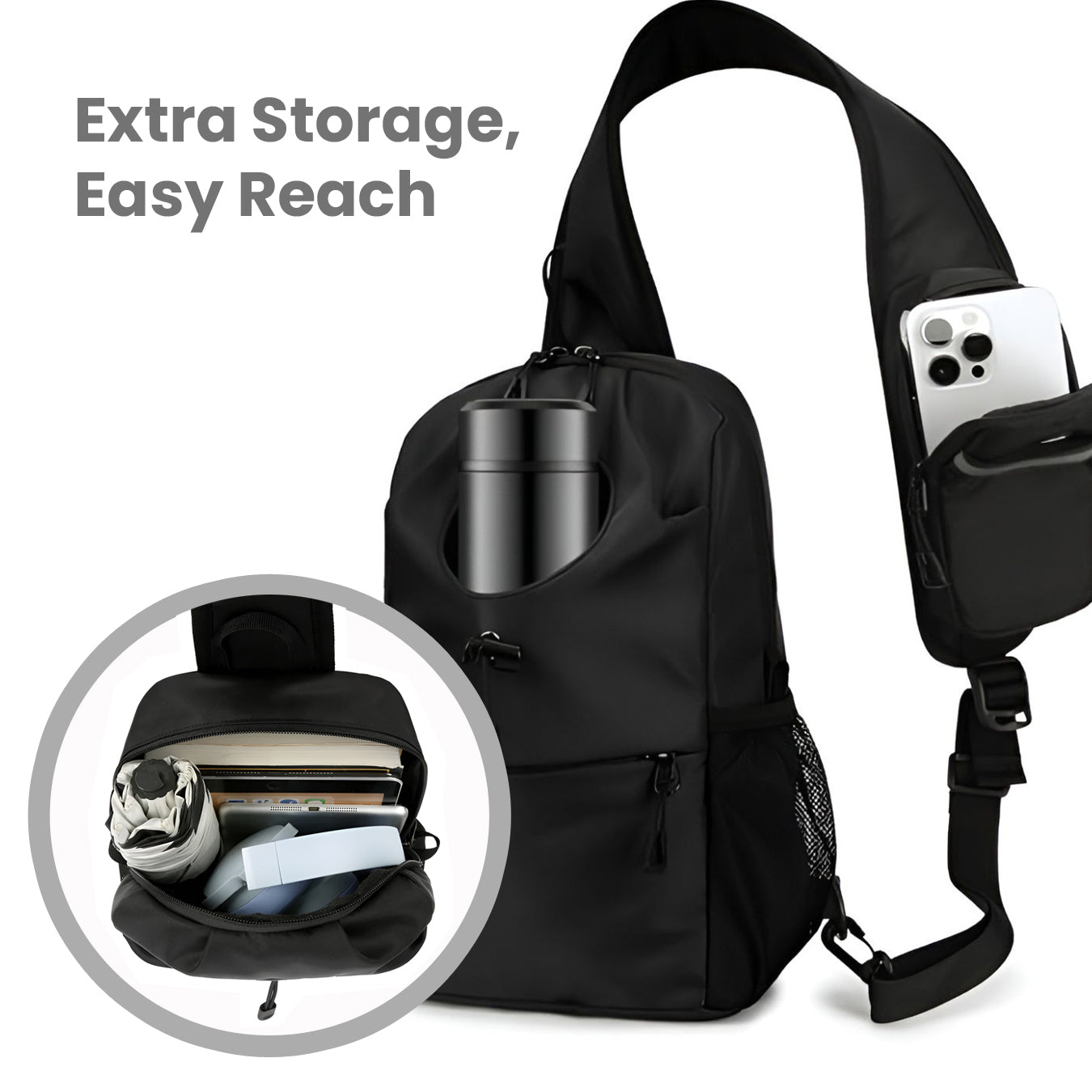 Sleek black crossbody bag with multiple compartments, showcasing extra storage for essentials like a smartphone, tumbler, and accessories.