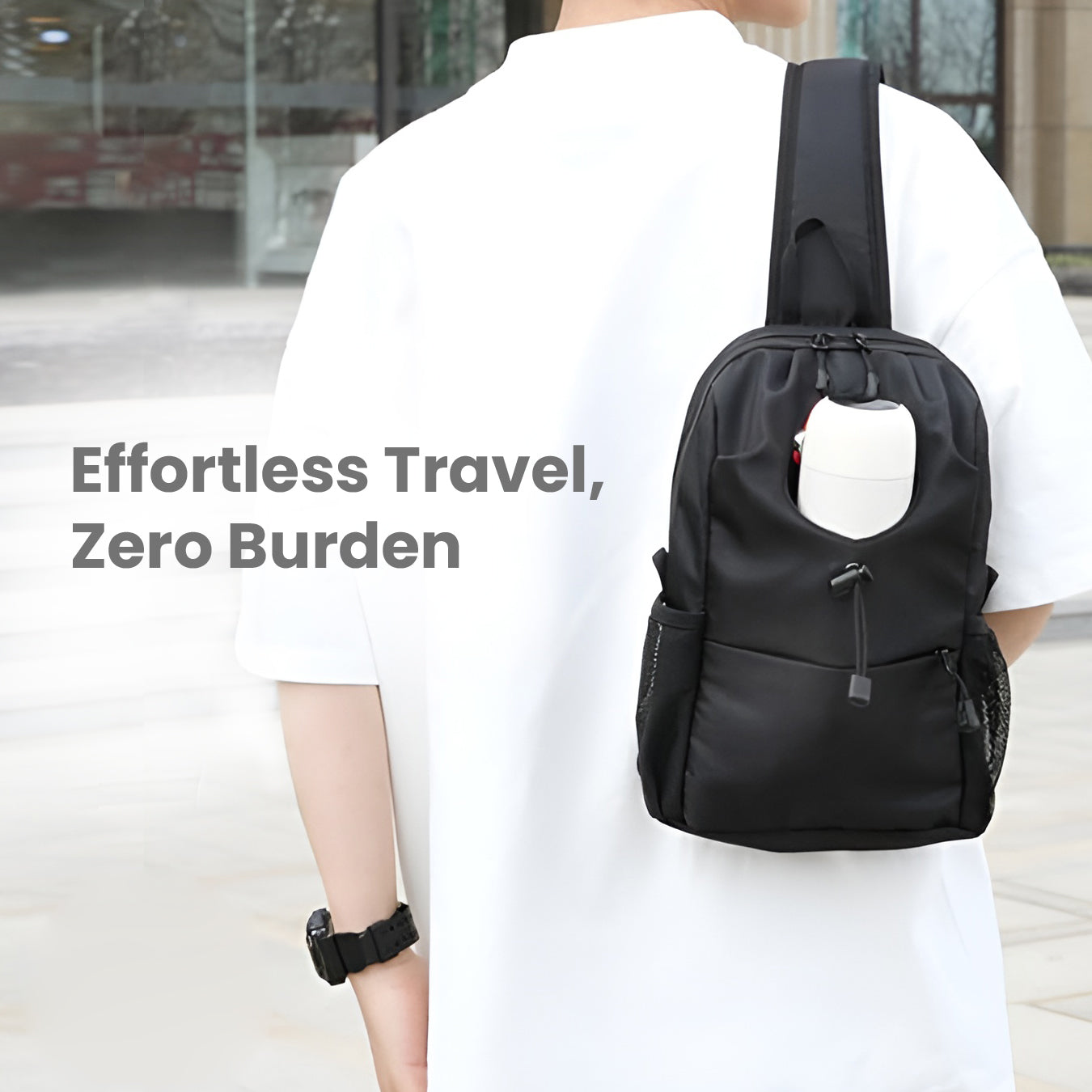 Person wearing a black crossbody bag with a white water bottle, ideal for travel. Lightweight, stylish, and practical travel accessory.