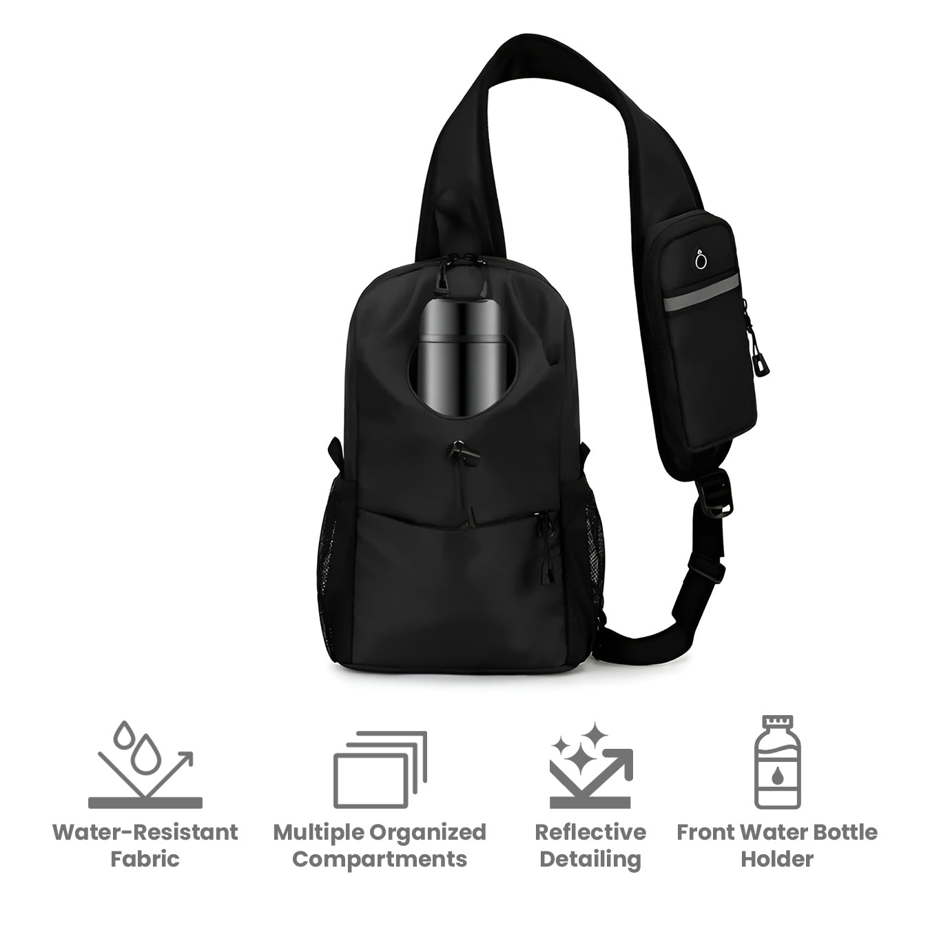 Black crossbody bag with water-resistant fabric, multiple compartments, reflective detailing, and front water bottle holder. Ideal for travel and daily use.