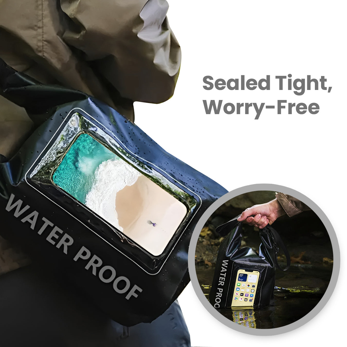 Waterproof phone bag with clear window, showcasing beach image. Durable, secure design for outdoor activities. Perfect for water protection.