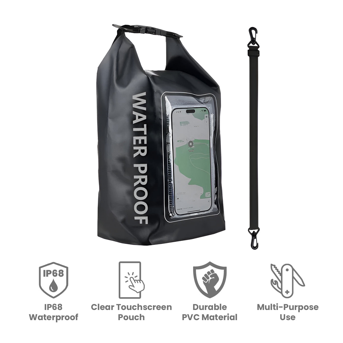 Waterproof phone bag with clear touchscreen pouch, IP68 rating, durable PVC material, and multi-purpose use. Ideal for water activities.