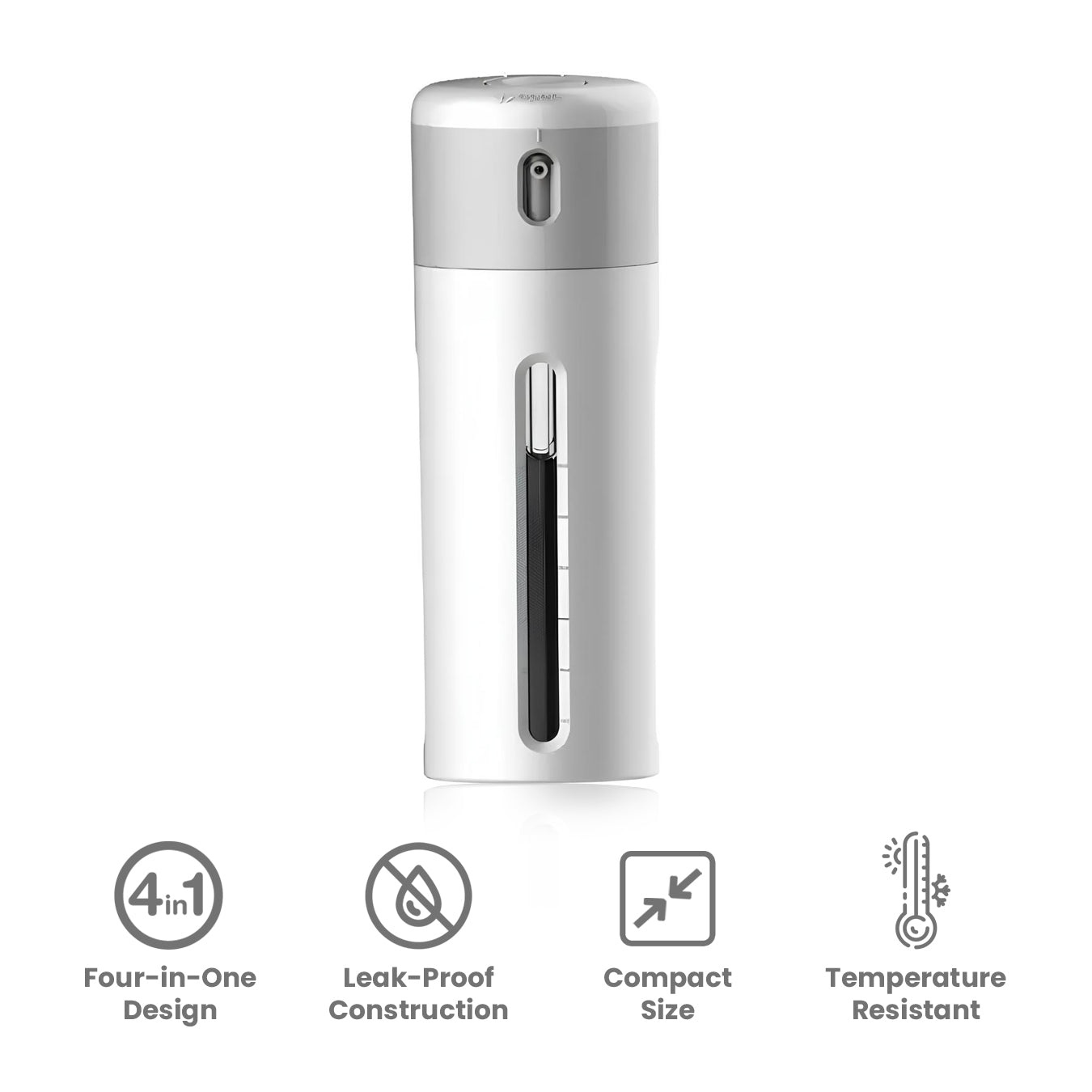 4-in-1 travel bottle with leak-proof design, compact size, and temperature resistance. Ideal for toiletries, featuring a sleek white and gray finish.