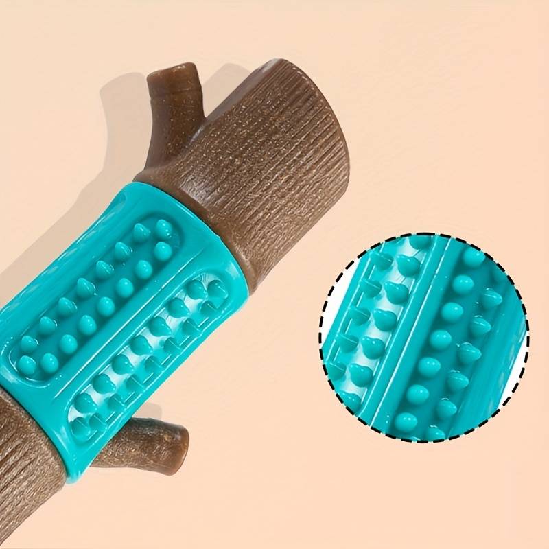 Durable dog chew toy shaped like a tree branch with textured turquoise rubber grip, designed for dental health and interactive play.