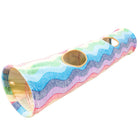 Colorful cat tunnel with wavy rainbow pattern, featuring multiple peepholes. Ideal for pet play and exercise. Durable, fun cat toy accessory.