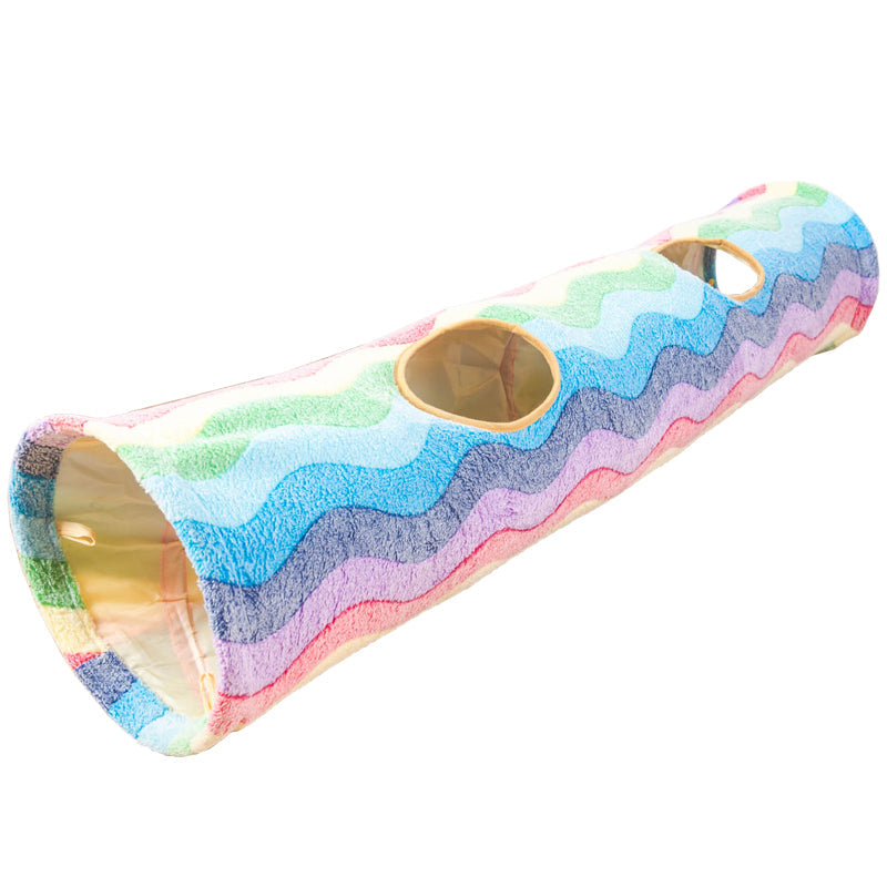 Colorful cat tunnel with wavy rainbow pattern, featuring multiple peepholes. Ideal for pet play and exercise. Durable, fun cat toy accessory.