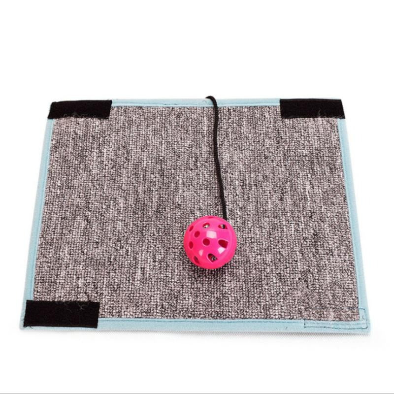 Cat scratching mat with attached pink ball toy, durable fabric, non-slip backing, interactive pet play, ideal for indoor cats, scratch-resistant.