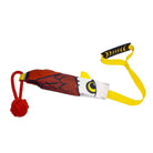 Colorful dog tug toy with a fish design, featuring a durable red rope ball and a yellow handle. Ideal for interactive pet play and training.