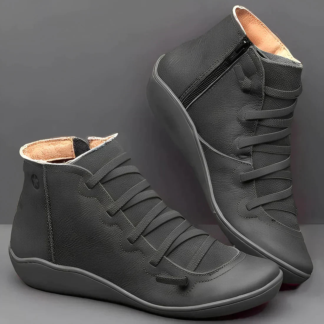 Black leather high-top sneakers with side zipper and lace-up design, featuring a minimalist style. Perfect for casual wear and urban fashion enthusiasts.