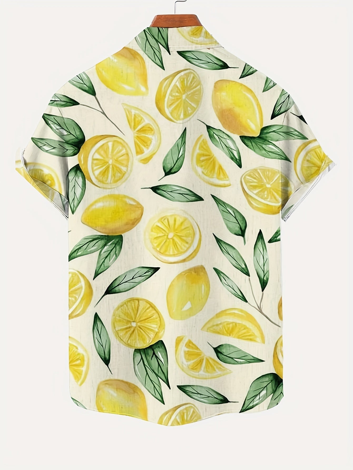Short-sleeve shirt with vibrant lemon and leaf pattern on a white background, perfect for summer fashion. Casual, trendy lemon print shirt.