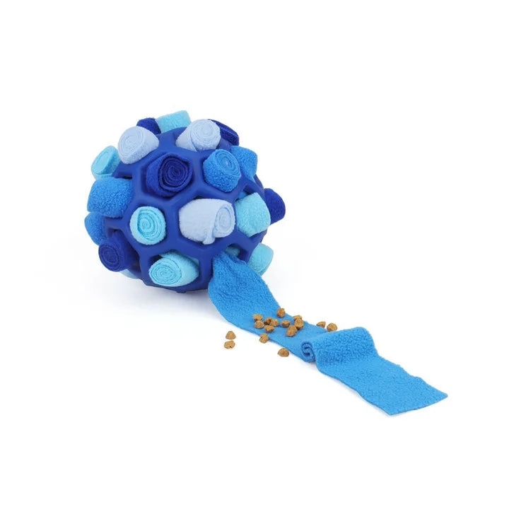 Blue interactive dog toy ball with textured fabric and treat dispenser, designed for mental stimulation and enrichment. Perfect for pet playtime.