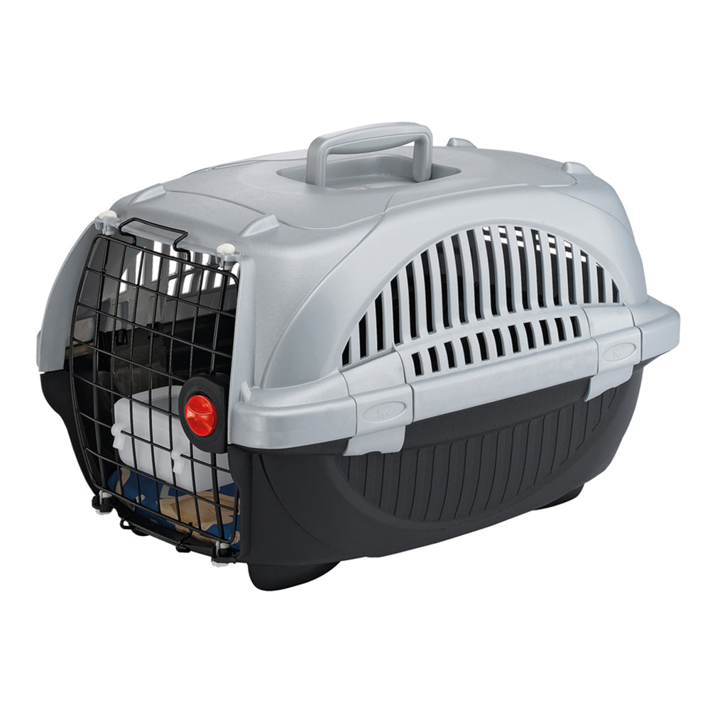 Pet carrier with secure metal door, ergonomic handle, and ventilation slots. Ideal for safe pet transport. Durable plastic design, travel-friendly.