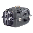 Pet carrier with durable plastic construction, ventilation slots, and secure latch. Ideal for safe pet transport. Portable travel crate for cats and dogs.