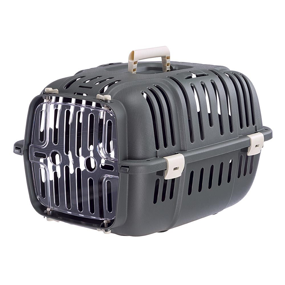 Pet carrier with ventilation slots, durable plastic design, and secure latch. Ideal for safe pet transport. Portable travel crate for cats and small dogs.