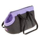 Purple and black pet carrier bag with shoulder straps, ideal for small dogs or cats. Stylish, portable, and comfortable travel accessory.