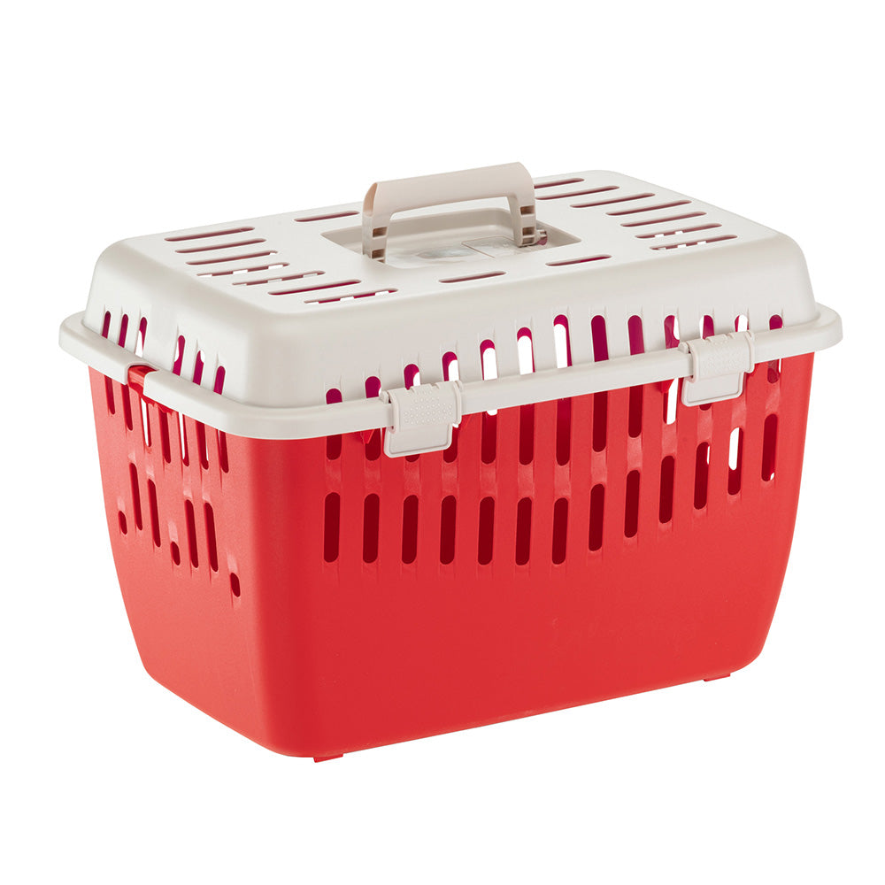 Red and white plastic pet carrier with ventilation slots and secure latch, ideal for small animals. Portable travel crate for cats and small dogs.