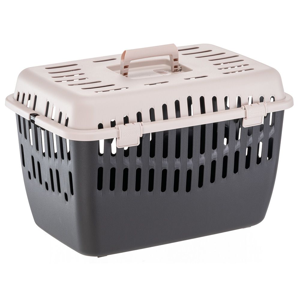 Pet carrier with a beige top and black base, featuring ventilation slits and a secure latch. Ideal for safe pet transport. Durable and portable design.