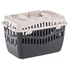 Pet carrier with ventilation slots, beige lid, and black base. Ideal for small animals. Durable plastic design for safe pet transport.