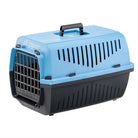 Blue and black pet carrier with ventilation slots and secure metal door, ideal for safe pet transport. Durable plastic design, portable handle.