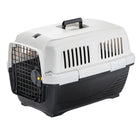 Pet travel carrier with secure latch, durable plastic construction, and ventilation slots. Ideal for cats and small dogs. Portable pet transport solution.